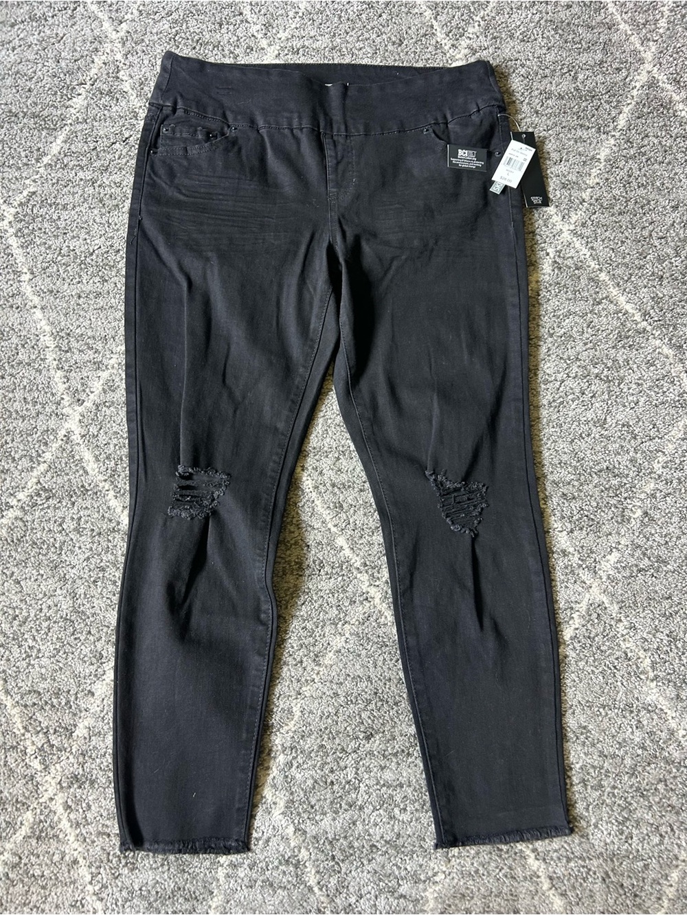 Women's Distressed Black Pull On Skinny Jeans Stretchy Raw Hem Large 12/14